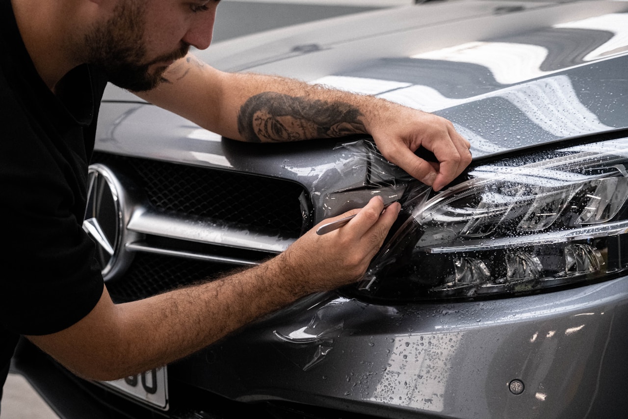 Detailer applying paint protection film to a Mercedes